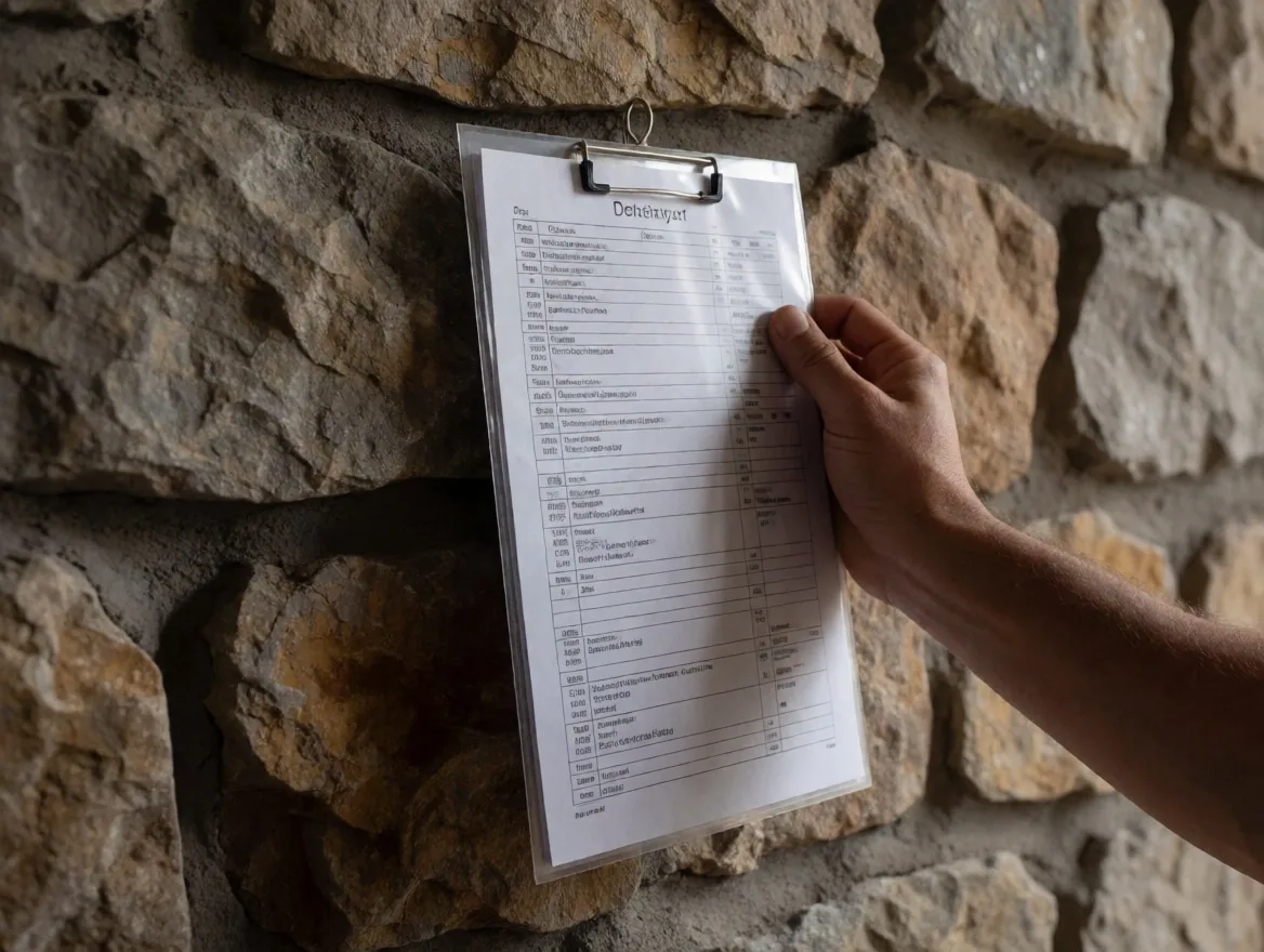 Inspector con portapapeles de checklist laminado contra un muro de yeso