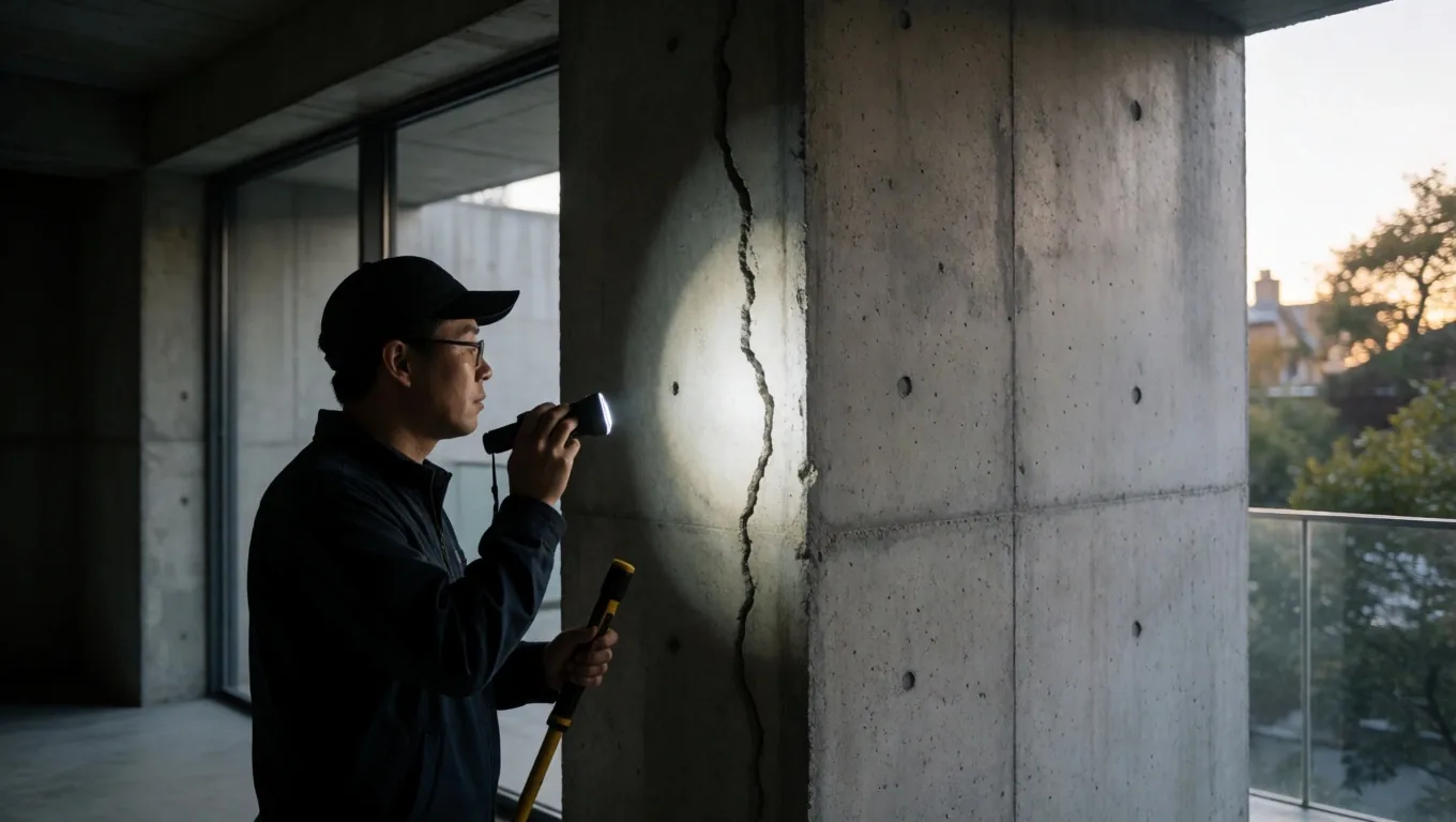Inspectores de PazQero revisando una pared de hormigón expuesto