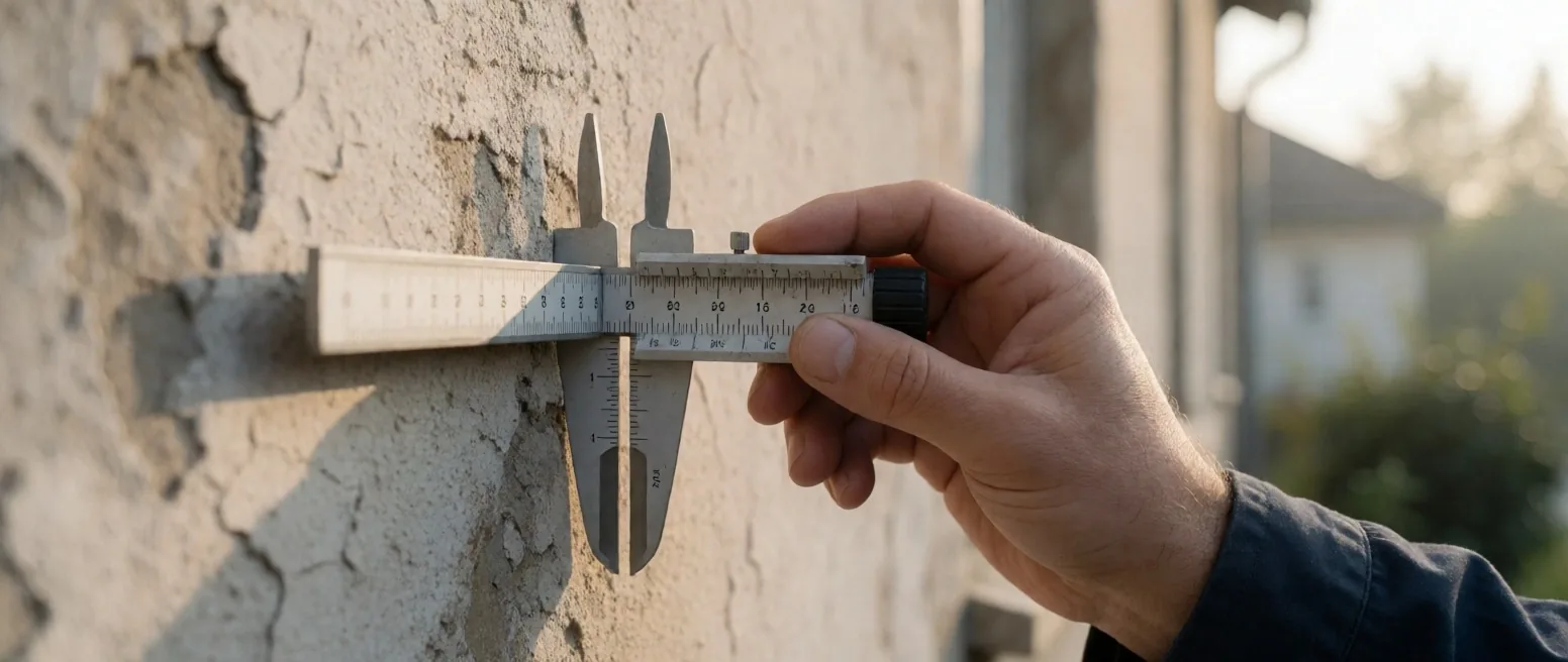 Detalle de una fisura en un muro de revoque durante una inspección técnica