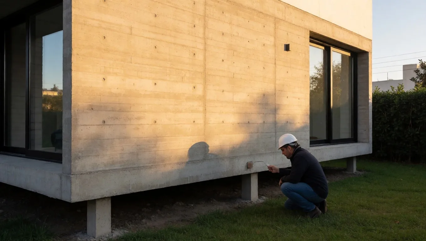 Inspector técnico revisando un muro de hormigón expuesto en una vivienda de Buenos Aires