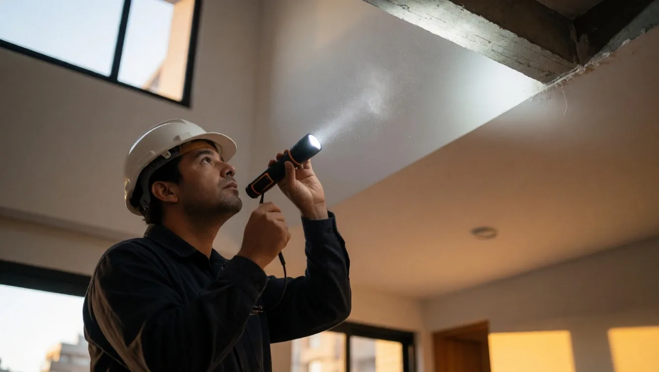 Inspector técnico iluminando fisuras en una pared de hormigón expuesto durante una inspección inmobiliaria