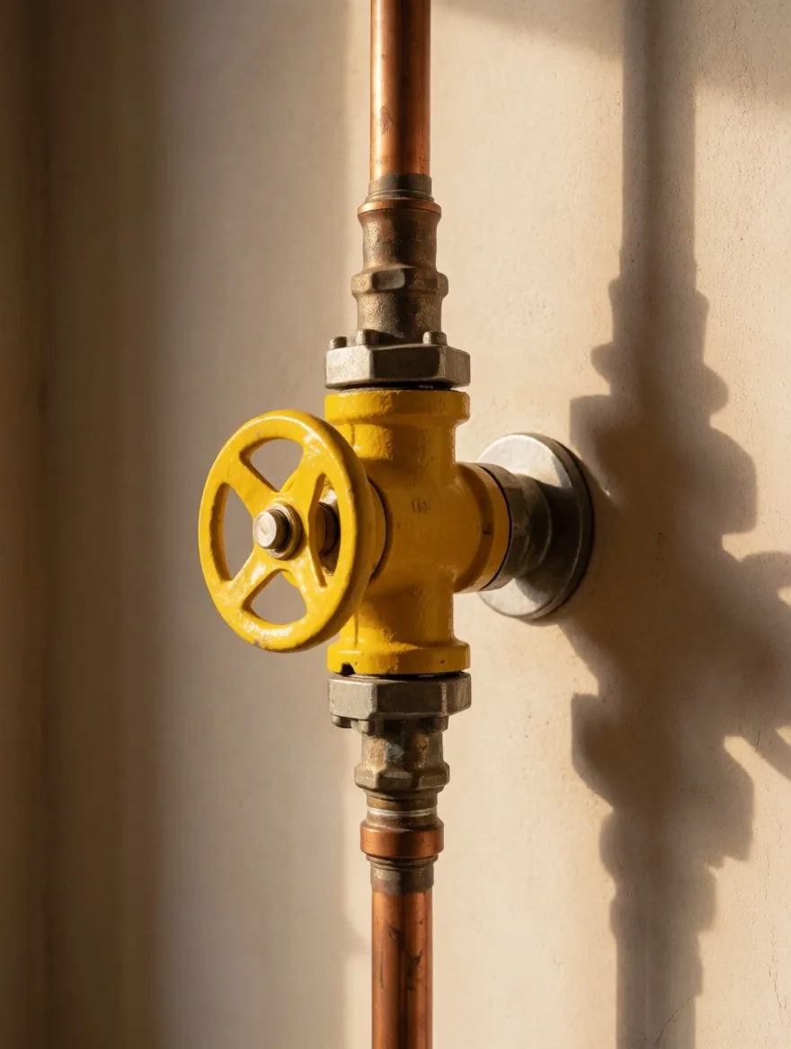 Llave de paso de gas y cañería durante inspección de instalaciones