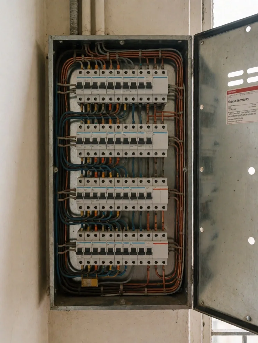 Tablero eléctrico abierto con disyuntores durante auditoría de instalación