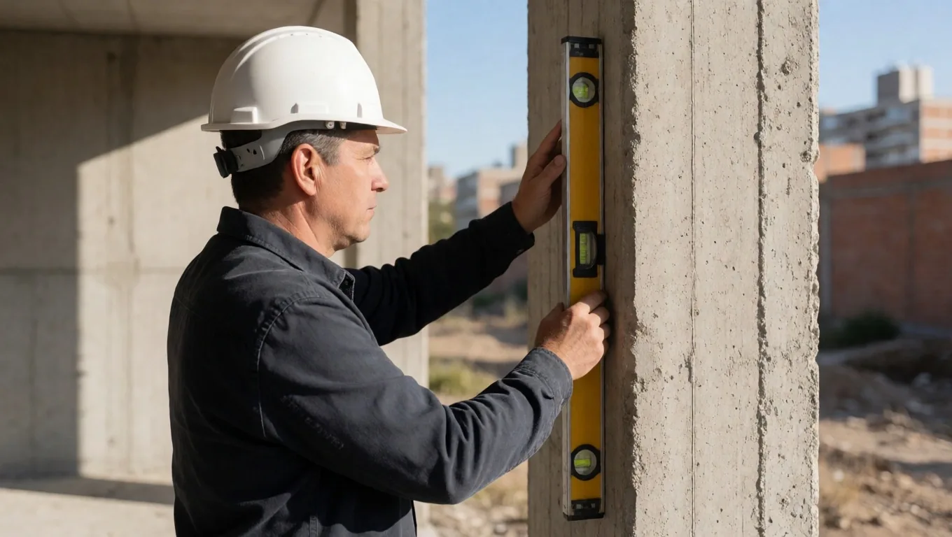 Inspector técnico evaluando una pared de concreto expuesto