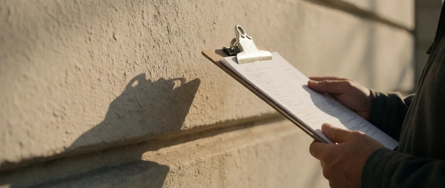 Inspector con planilla de verificación contra una pared